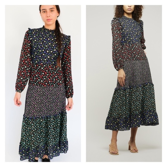 RIXO Billie Dress High Neck Long Sleeve Tiered Polka Dot Maxi Dress Small - Picture 5 of 11